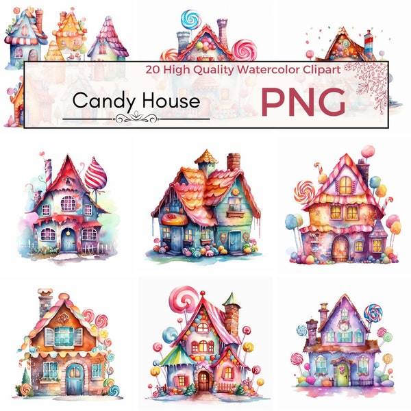 20 Watercolor Candy House Clipart PNG | Fairy Tale, Sweets, Halloween, Christmas, Cane, Lollipop, Commercial Use, Digital Download, Prints