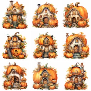 20 Pumpkin House Watercolor Clipart, high quality png, cozy cottage clip art, magical wall art, scrapbooking, fantasy halloween, fairy