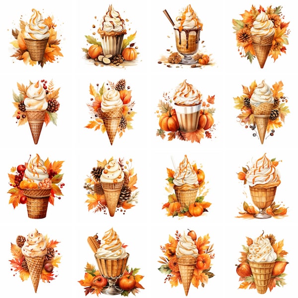 Autumn Ice Cream Clipart, sweets clipart, autumn ice cream, fall png, dessert png fall decor Watercolor clipart card making instant download