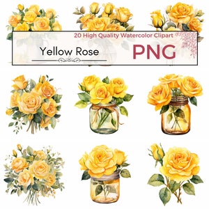Yellow Rose Clipart, alta calidad png rosa sublimación floral clipart flor gráficos acuarela clipart, fabricación de tarjetas, descarga instantánea