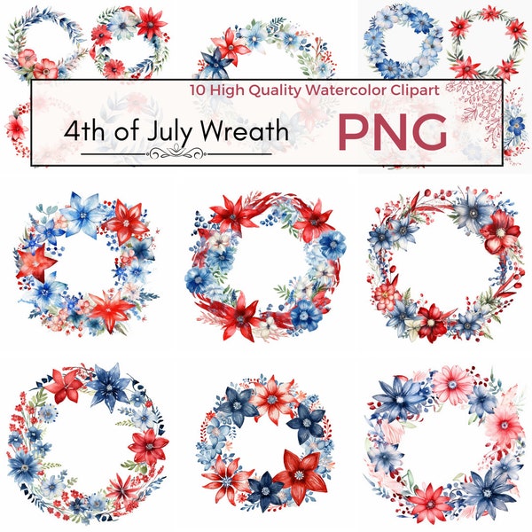 Watercolor 4th of July Wreath Clipart - Patriotic Floral Digital Prints, Wreath, Card Making- 10 High Quality PNG Images - Commercial Use