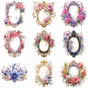 Acuarela Floral Mirror Clipart, imágenes prediseñadas de boda, imágenes prediseñadas victorianas, png floral, borde, decoración Scrapbooking Uso comercial descarga digital