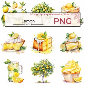 20 akwarelowych cytrynowych clipartów, PNG | Ślub cytrusowy, Lato, Użytek komercyjny, Ciasto, Lemoniada, Wydruki cyfrowe, Obrazy, Clipart owocowy, Ciasto, Napój