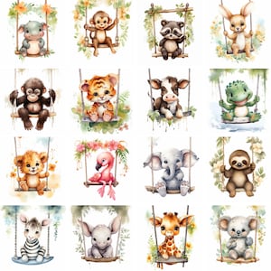 20 imágenes prediseñadas de animales bebés en columpios, png de alta calidad, safari lindos animales adorables imprime Imprimibles, diario, scrapbooking, descarga digital