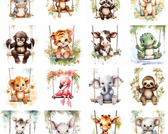 20 Baby Animals On Swings Clipart, high quality png, safari cute adorable animals prints Printables, journal, scrapbooking, digital download