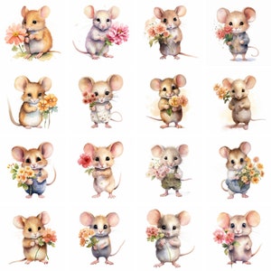 Watercolor Mouse and Flower Clipart, high quality png, floral animal clipart, card making, mixed media, Prints Sublimation, instant download