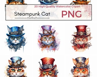 20 Watercolor Steampunk Cat Clipart Bundle | Steampunk Animal, Watercolor Kitten | Digital Download | Steampunk PNG | Commercial Use