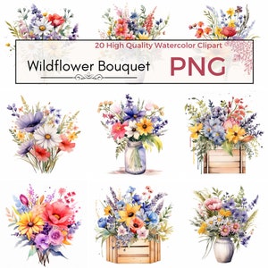 Pacote de clipart de buquê de flores silvestres em aquarela 20 | Arranjos florais pintados à mão | Download digital | Uso Comercial | Convites de casamento