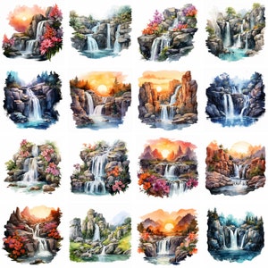 Scenic Waterfall Clipart, watercolor clipart, landscape clipart, sunset clipart, summer clipart, waterfall png, card making instant download