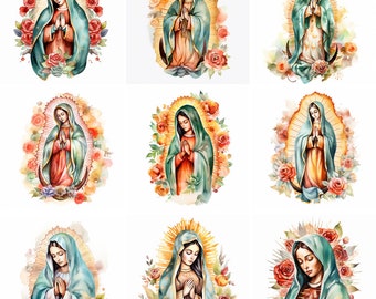 Watercolor Our Lady of Guadalupe Clipart PNG files, Virgin Mary clip art, Nuestra Señora de Guadalupe, catholic printables wall art graphics