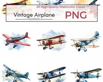 Vintage Airplane Clipart, nursery png, aircraft art diy, printables, plane, high quality png Watercolor clipart card making instant download