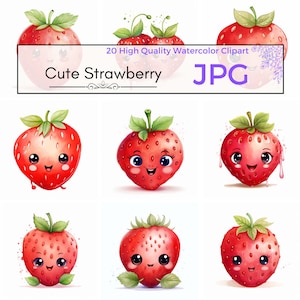 Aquarelle mignon fraise Clipart, kawaii clipart pépinière décor fruits clipart mignon jpg Scrapbooking, usage commercial, téléchargement numérique JPG