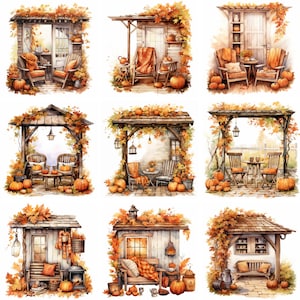 Watercolor Autumn Cozy Outdoor Seating Area Clipart PNG files, high quality, fall clip art, corner nook graphics printables, cottagecore