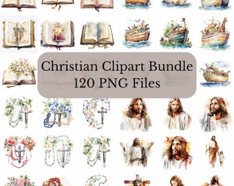 120 Watercolor Christian Clipart Bundle, religious printable, bible, faith, catholic prints, christian Printables, journal, digital download