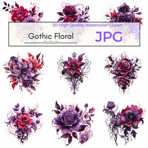 Watercolor Gothic Floral Clipart, magical gothic flowers fairytale fantasy roses clipart Scrapbooking, Commercial Use, JPG Digital download