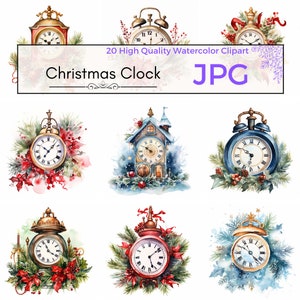 Watercolor Christmas Clock Clipart, christmas clipart xmas graphics holiday clock jpg Scrapbooking, Commercial Use, JPG Digital download