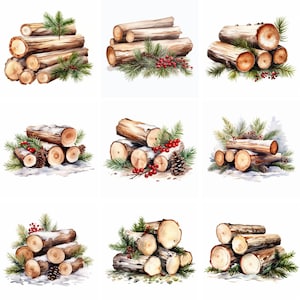 20 Wooden Logs Watercolor Clip art, high quality png files, wood clipart, winter graphics, digital download for commercial use, xmas images