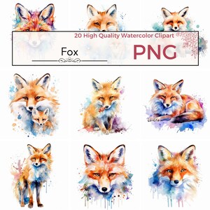 20 Watercolor Fox Clipart Set - Animal Portrait Images - Nursery Wall Art - Digital Download - Fox PNG - Watercolor Woodland Clipart