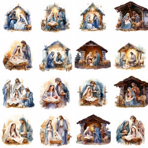 Akwarela szopka świąteczna clipart, wysokiej jakości PNG, religijne cliparty Dzieciątko Jezus, katolickie wydruki, sublimacja, natychmiastowe pobieranie
