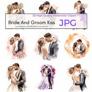 水彩画の花嫁と花婿のキスのクリップアート、結婚式の日のクリップアート、結婚のクリップアート、新婚グラフィック、商用利用、JPG デジタル ダウンロード