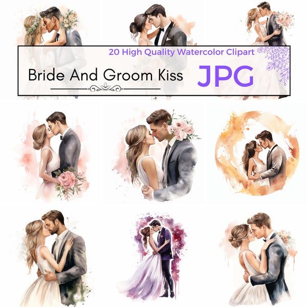 Watercolor Bride and Groom Kiss Clipart, Wedding Day Clip art, Marriage Clipart, Just Married Graphics, Commercial Use, JPG Digital download