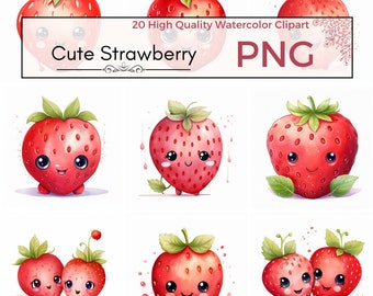 Cute Strawberry Clipart, high quality png strawberry png kawaii clipart cute graphics fruit Watercolor clipart Card making, Instant download