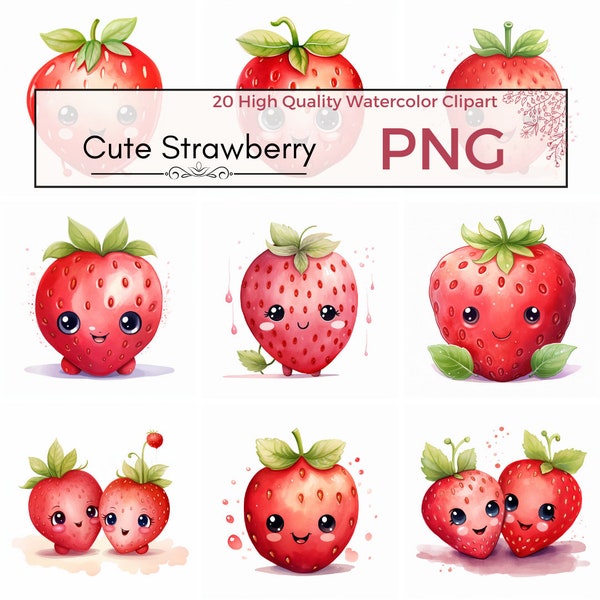 Cute Strawberry Clipart, high quality png strawberry png kawaii clipart cute graphics fruit Watercolor clipart Card making, Instant download