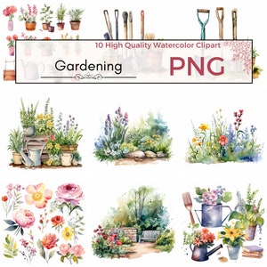 Aquarelle jardinage Clipart Set Clipart - imprimés numériques floraux, jardinage PNG, fabrication de cartes - 10 Images PNG de haute qualité - usage Commercial