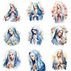 File PNG dell'acquerello Vergine Maria che prega Clipart, grafica clip art di Nostra Signora di Fatima, stampabili, arte della parete, Santa Maria, cattolica