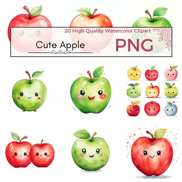 Cute Apple Clipart, high quality png cute clipart nursery decor fruit png apple png prints Watercolor clipart, Card making, Instant download