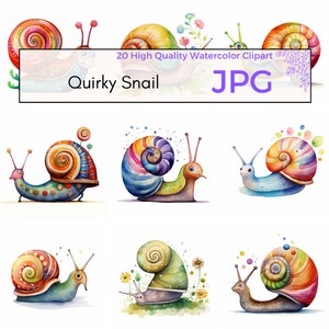Clipart escargot aquarelle, JPG haute qualité, art mural escargot, insectes et animaux des cliparts, Clipart original mignon, téléchargement numérique, usage Commercial