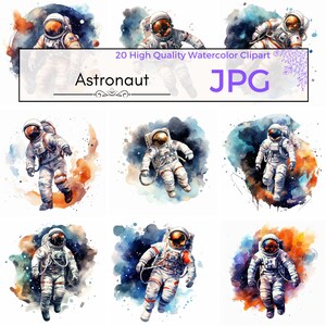 Watercolor Astronaut Clipart, cute clipart space sublimation nursery decor childrens jpg Scrapbooking, Commercial Use, JPG Digital download