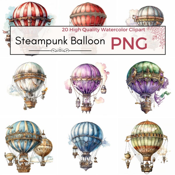 20 Watercolor Steampunk Hot Air Balloon Clipart, Steampunk Clipart, Vintage Airship, Adventure Clipart, PNG, Digital Download Commercial Use