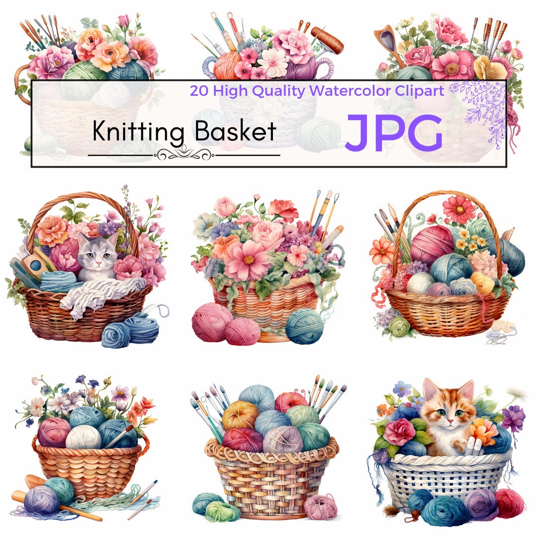 Watercolor Knitting Basket Clipart, Crochet Clipart Yarn and Cat ...