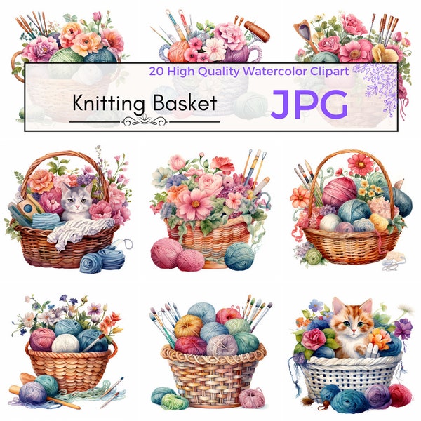 Watercolor Knitting Basket Clipart, crochet clipart yarn and cat clipart printables sublimation Scrapbooking Commercial Use Digital download
