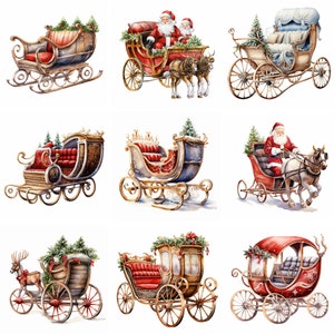 Watercolor Santas Sleigh Clipart, high quality png, christmas clip art, xmas printables, wall art, winter, Saint Nick, instant download