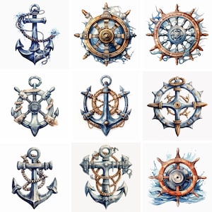 Archivos PNG de imágenes prediseñadas de decoración náutica de acuarela, imágenes prediseñadas de ancla y timón de alta calidad, ilustraciones de ruedas de barco, arte de pared, imprimibles, marinos