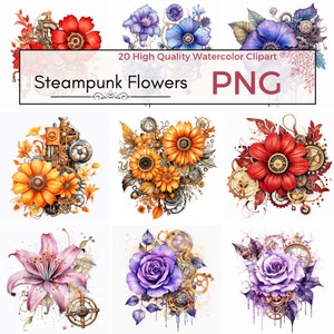 20 Steampunk Flowers Watercolor Clipart, PNG, Steampunk Roses, Antique Clipart, Steampunk elements,  Victorian Clipart, Vintage Steampunk