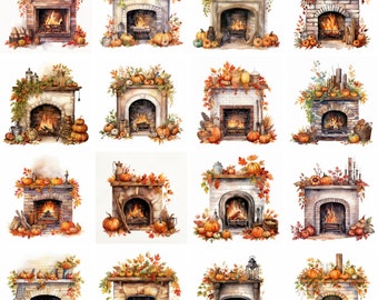 Watercolor Autumn Fireplace Clipart, high quality png, fall cozy cottage core clip art, halloween Prints, Sublimation, instant download