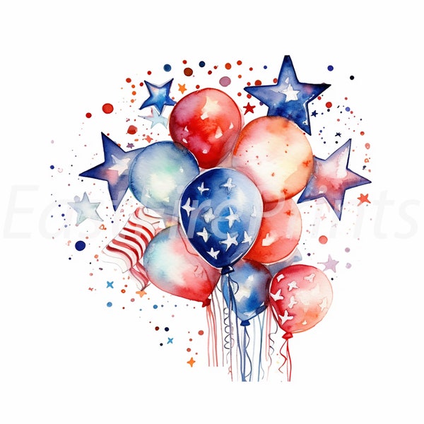 Watercolor 4th of July Clipart - Patriotic Digital Prints, Card Making, Independence Day- 12 High Quality PNG Images - Commercial Use