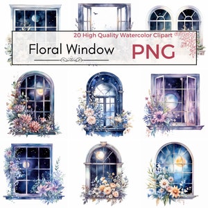 20 Watercolor Floral Window Clipart PNG | Nature, Floral, Glass Art, Commercial Use, Instant Download, Digital Prints, Night, Moon, Stars