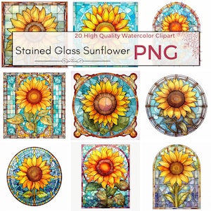 20 Watercolor Stained Glass Sunflowers Clipart PNG, Fantasy Clipart Graphics, clip art, collage sheets for junk journals instant download