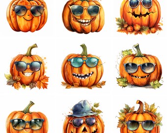 Pumpkin with Sunglasses Clipart, nursery clipart, halloween clipart, watercolor clipart, spooky png, graphics, card making, instant download