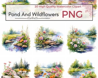 Pond With Wildflowers Clipart, High Quality PNG, Floral Clipart, Spring Sublimation, Cute Watercolor clipart, Card making, Instant download