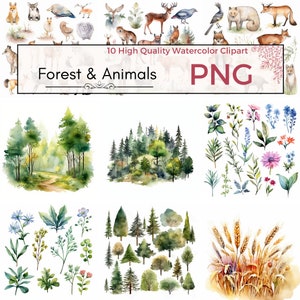 Aquarell Wald und Tiere Clipart - 10er Set, Kartenherstellung, Hochwertige PNG-Bilder, Wildtiere und Natur, Digitaldrucke, kommerzielle Nutzung