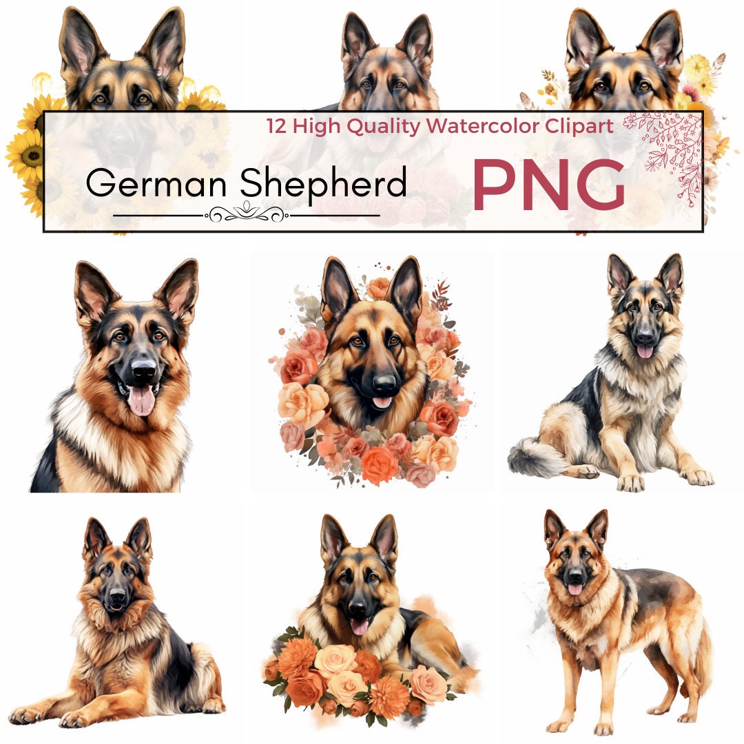 Set of 12 - German Shepherd Clipart, Dog Illustrations, Card Making ...