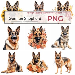 Set of 12 - German Shepherd Clipart, Dog Illustrations, Card Making, Dog Clipart, Dog Digital Prints, High Quality PNG, Commercial Use