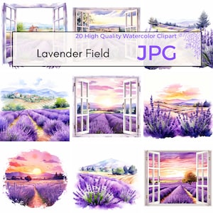 Aquarell Lavendelfeld Clipart, hochwertige JPG, Frühling Feld Wandkunst, Blumen Clipart, szenische Grafik, Sofortiger Download Kommerzielle Nutzung
