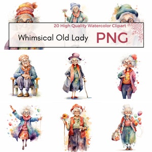 Whimsical Old Lady Clipart, High Quality PNG, Quirky Old Woman PNG, Cute Lady Sublimation, Mixed Media, Digital Download, Commercial Use