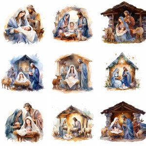 20 szopka akwarela clipart, Boże Narodzenie clipart, katolickie religijne, do druku, dziennik śmieci, scrapbooking, cyfrowe pliki do pobrania